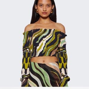 Emilio Pucci Off-Shoulder Wave-Print Smocked Crop Top — Olive, Black, Cream